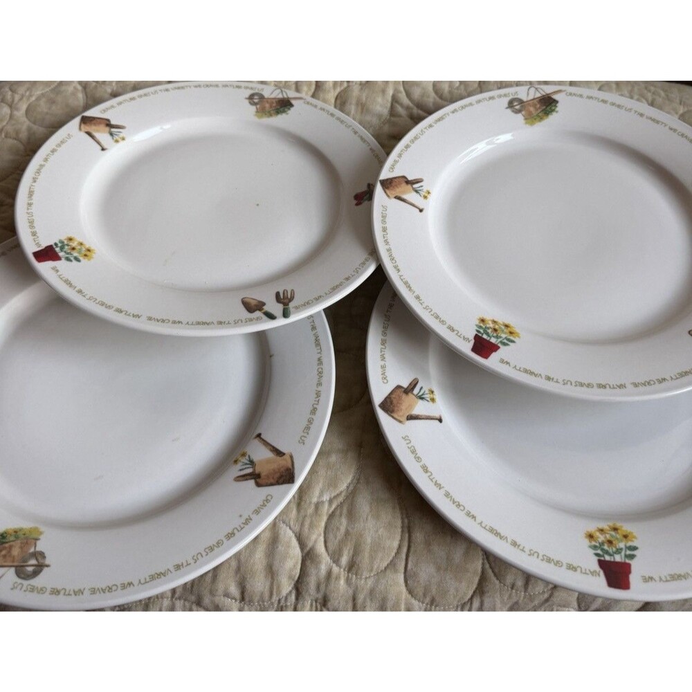 Thomson Pottery Set of 4 White Ceramic Garden Novelty Rim Dinner Plates